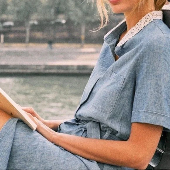 Sezane  Alex Lace Collar Linen Cotton Midi Shirt Dress  Size 38/6 - Picture 4 of 10